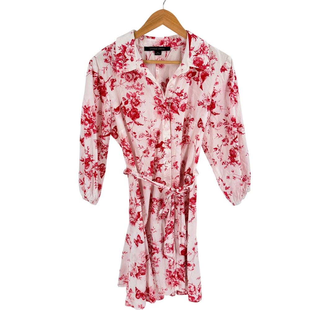 Cynthia Steffe Floral Shirt Dress Pink Red Petite XL Romantic Cottagecore